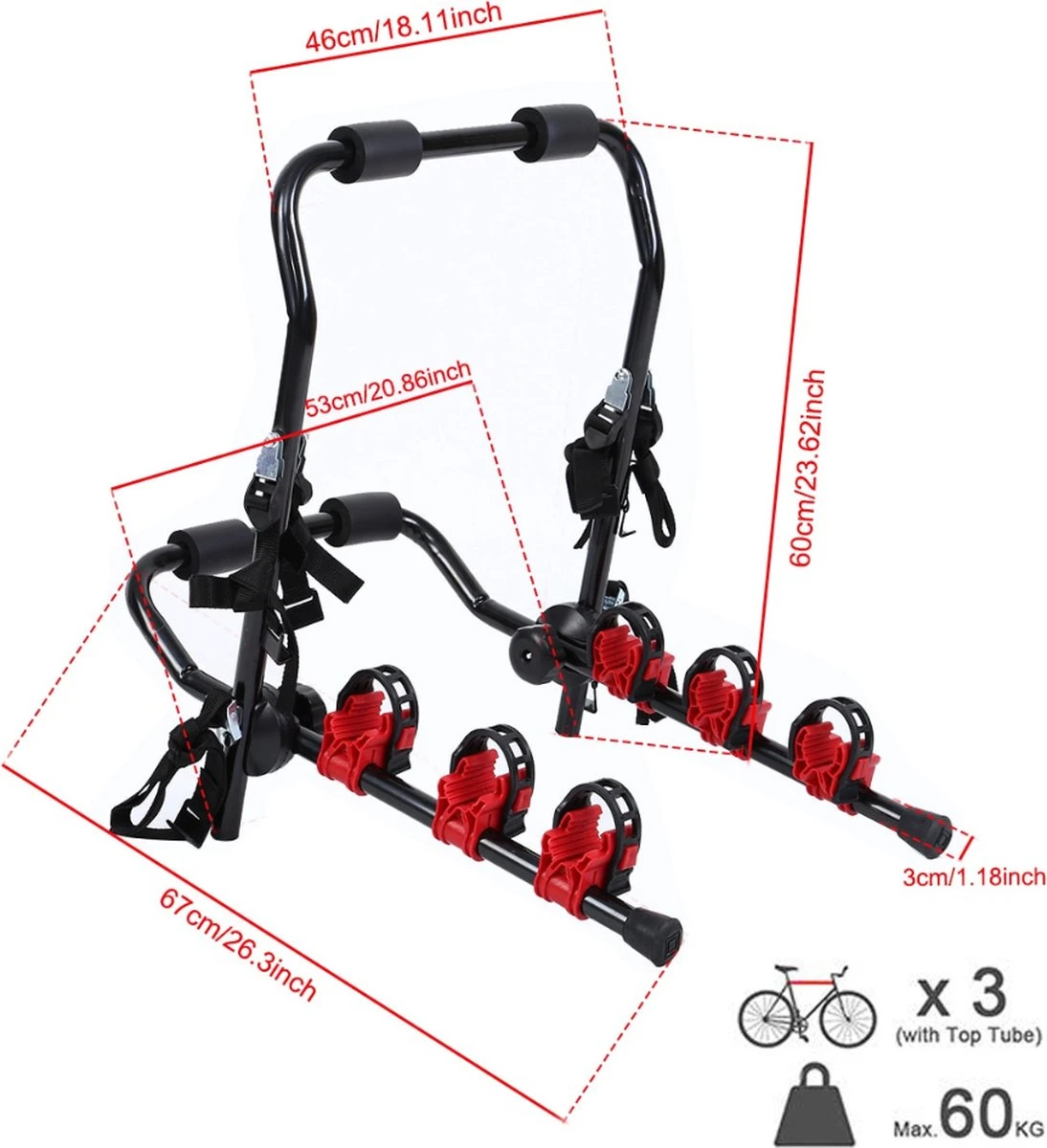 Samger Fietsendrager - 3 Fietsen, Ook Elektrisch, Zonder Trekhaak - Draagkracht 60kg - Ideaal Voor Achterklep Auto! 8 Samger Fietsendrager - 3 Fietsen, Ook Elektrisch, Zonder Trekhaak - Draagkracht 60kg - Ideaal Voor Achterklep Auto! - Afbeelding 8