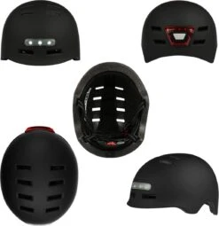 Fietshelm- Met Voor- En Achterlicht-Skatehelm -Maat-M-54 Tot 57 Cm-Helm Mat-Zwart - LED Verlichting -BASIL Verkoop 1164x1200