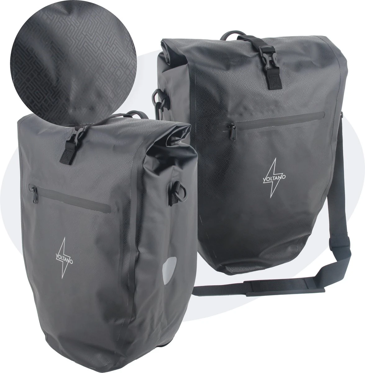 Voltano Luxe Fietstas Greek 28L - Enkele Pakaftas - Zwart Met Motief - 100% Waterdicht - Gratis Schouderband 1 Voltano Luxe Fietstas Greek 28L - Enkele Pakaftas - Zwart Met Motief - 100% Waterdicht - Gratis Schouderband