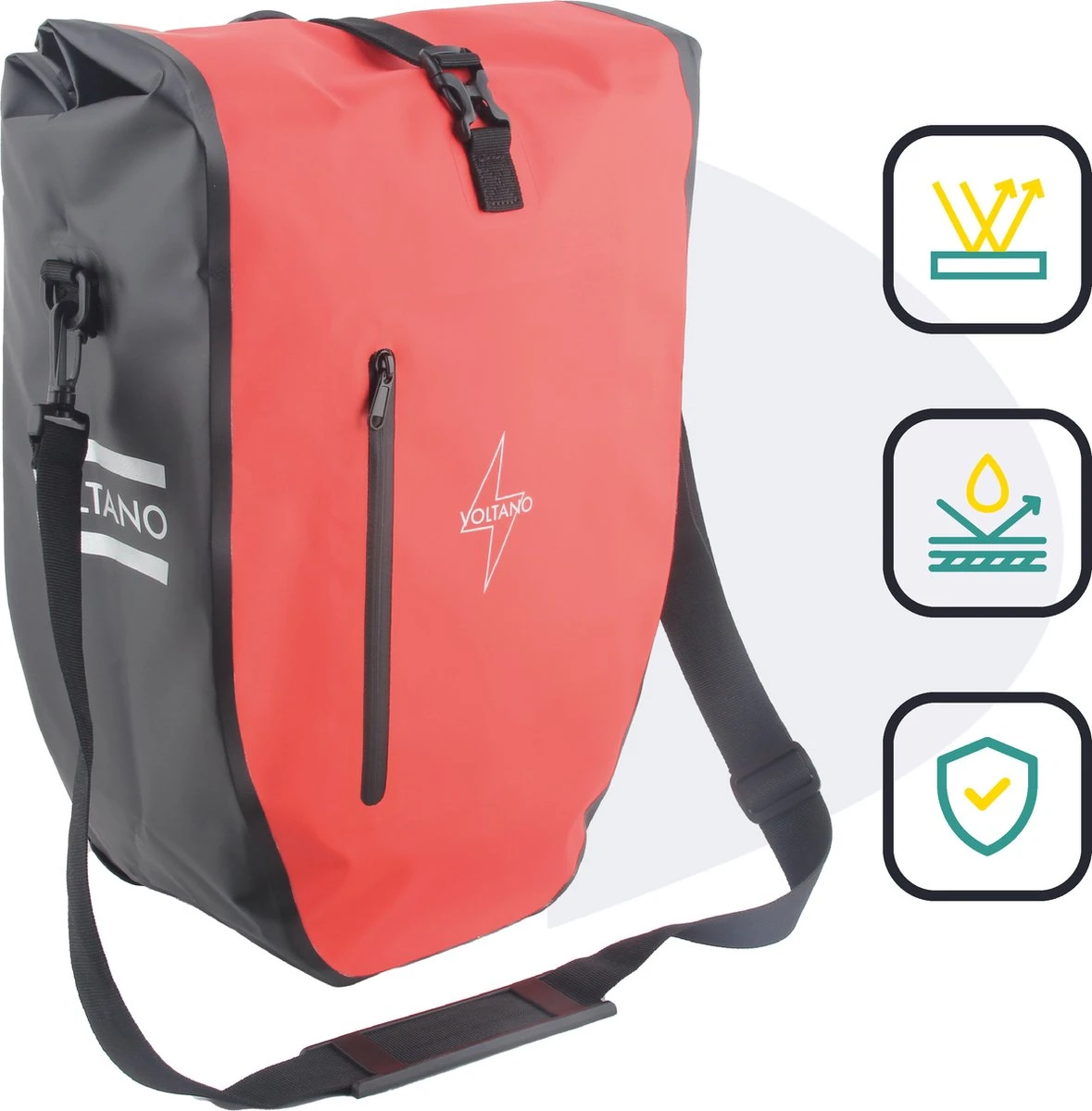 Voltano Luxe Fietstas 28L - Enkele Pakaftas - Zwart / Rood - 100% Waterdicht - Gratis Schouderband 11 Voltano Luxe Fietstas 28L - Enkele Pakaftas - Zwart / Rood - 100% Waterdicht - Gratis Schouderband - Afbeelding 11