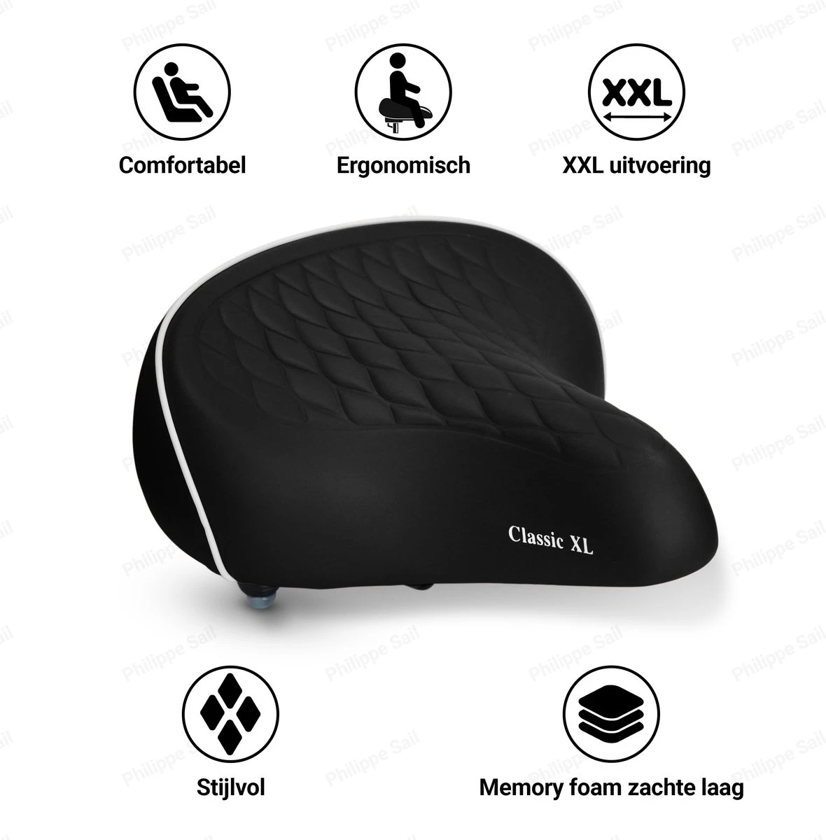 Philippe Sail Fietszadel Black Classic XXL, Stijlvol En Comfortabel Zadel Voor Veel Fietsplezier, Ergonomisch, Groot Zadel, Zacht En Geschikt Voor Alle Fietsen Inclusief Elektrische Fietsen 1 Philippe Sail Fietszadel Black Classic XXL, Stijlvol En Comfortabel Zadel Voor Veel Fietsplezier, Ergonomisch, Groot Zadel, Zacht En Geschikt Voor Alle Fietsen Inclusief Elektrische Fietsen