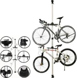 Merkloos Decopatent® PRO Plafond Fiets Ophangsysteem Voor 2 Fietsen - Staand Fietsenrek 2 Fietsen - Fietsenhouder Met Telescoop Opbergstang