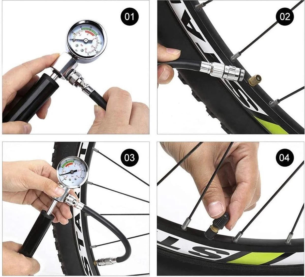 LHP Fietspomp Mini - Analoog Drukmeter - Inclusief Naaldventiel En Fietsbandreparatieset 8 LHP Fietspomp Mini - Analoog Drukmeter - Inclusief Naaldventiel En Fietsbandreparatieset - Afbeelding 8