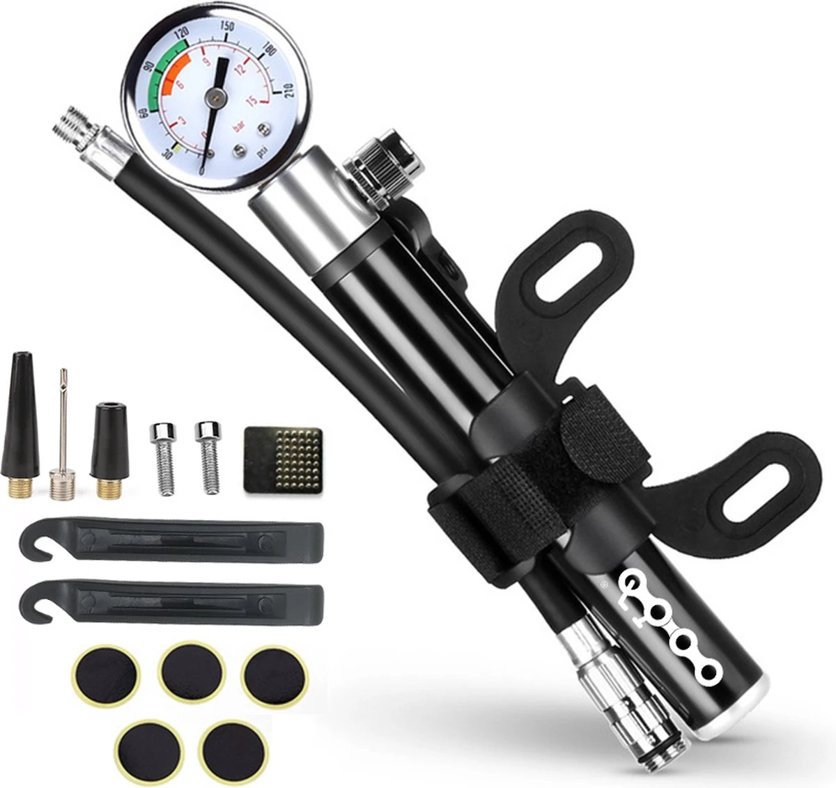 LHP Fietspomp Mini - Analoog Drukmeter - Inclusief Naaldventiel En Fietsbandreparatieset 1 LHP Fietspomp Mini - Analoog Drukmeter - Inclusief Naaldventiel En Fietsbandreparatieset