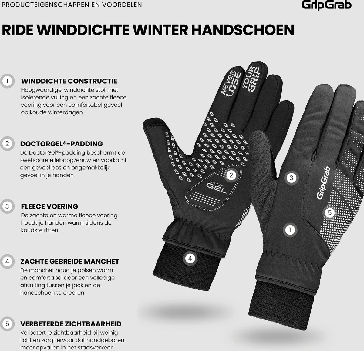 GripGrab - Ride Windproof Winter Gevoerde Padded Fietshandschoenen - Zwart - Unisex - Maat XL 3 GripGrab - Ride Windproof Winter Gevoerde Padded Fietshandschoenen - Zwart - Unisex - Maat XL - Afbeelding 3