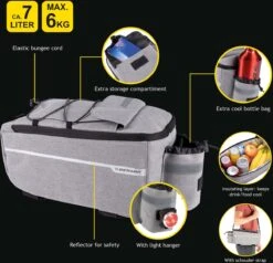 Dunlop Koeltas Voor Bagagedrager Fiets - 7 Liter - Fietstas - Klittenband Bevestiging - Incl. Extra Opbergvakken En Flessenhouder - Isolerende Binnenlaag - Met Schouderband - Grijs -BASIL Verkoop 1200x1158