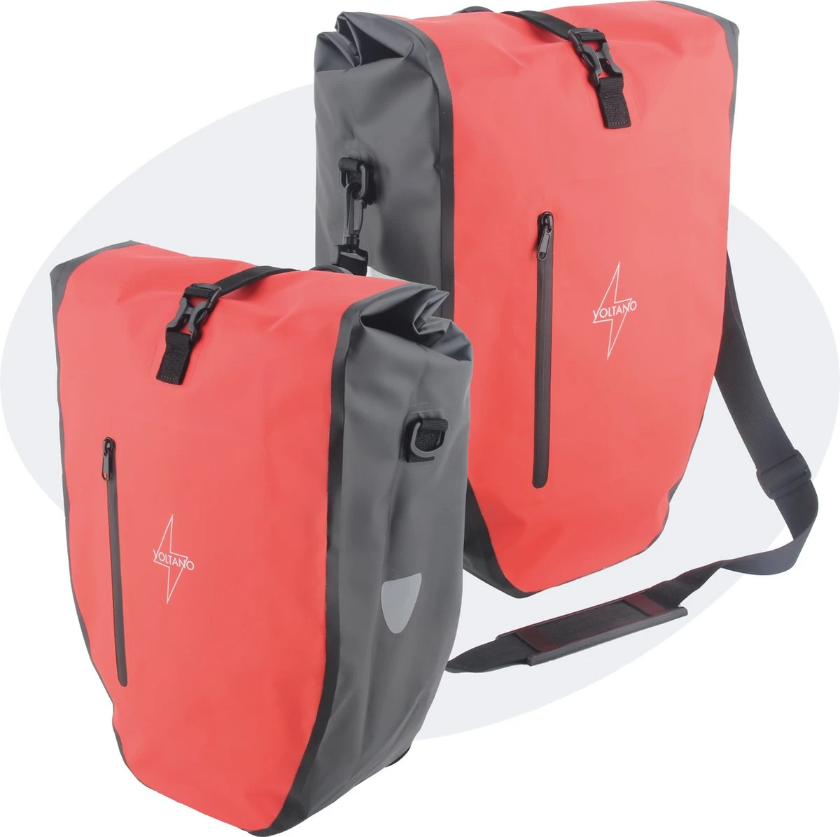 Voltano Luxe Fietstas 28L - Enkele Pakaftas - Zwart / Rood - 100% Waterdicht - Gratis Schouderband 1 Voltano Luxe Fietstas 28L - Enkele Pakaftas - Zwart / Rood - 100% Waterdicht - Gratis Schouderband