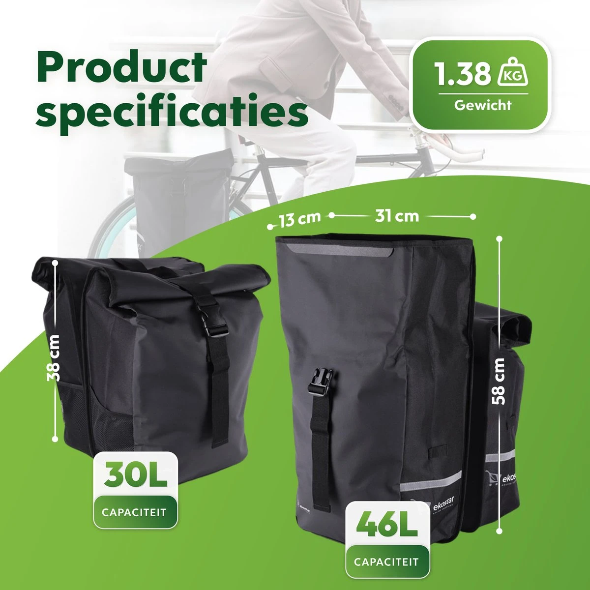 Ekostar® Online Shopping - Fietstassen Dubbel - Rolltop - Fietstas - Waterbestendig - Fietstassen Elektrische Fietsen - 46 L 9 Ekostar® Online Shopping - Fietstassen Dubbel - Rolltop - Fietstas - Waterbestendig - Fietstassen Elektrische Fietsen - 46 L - Afbeelding 9